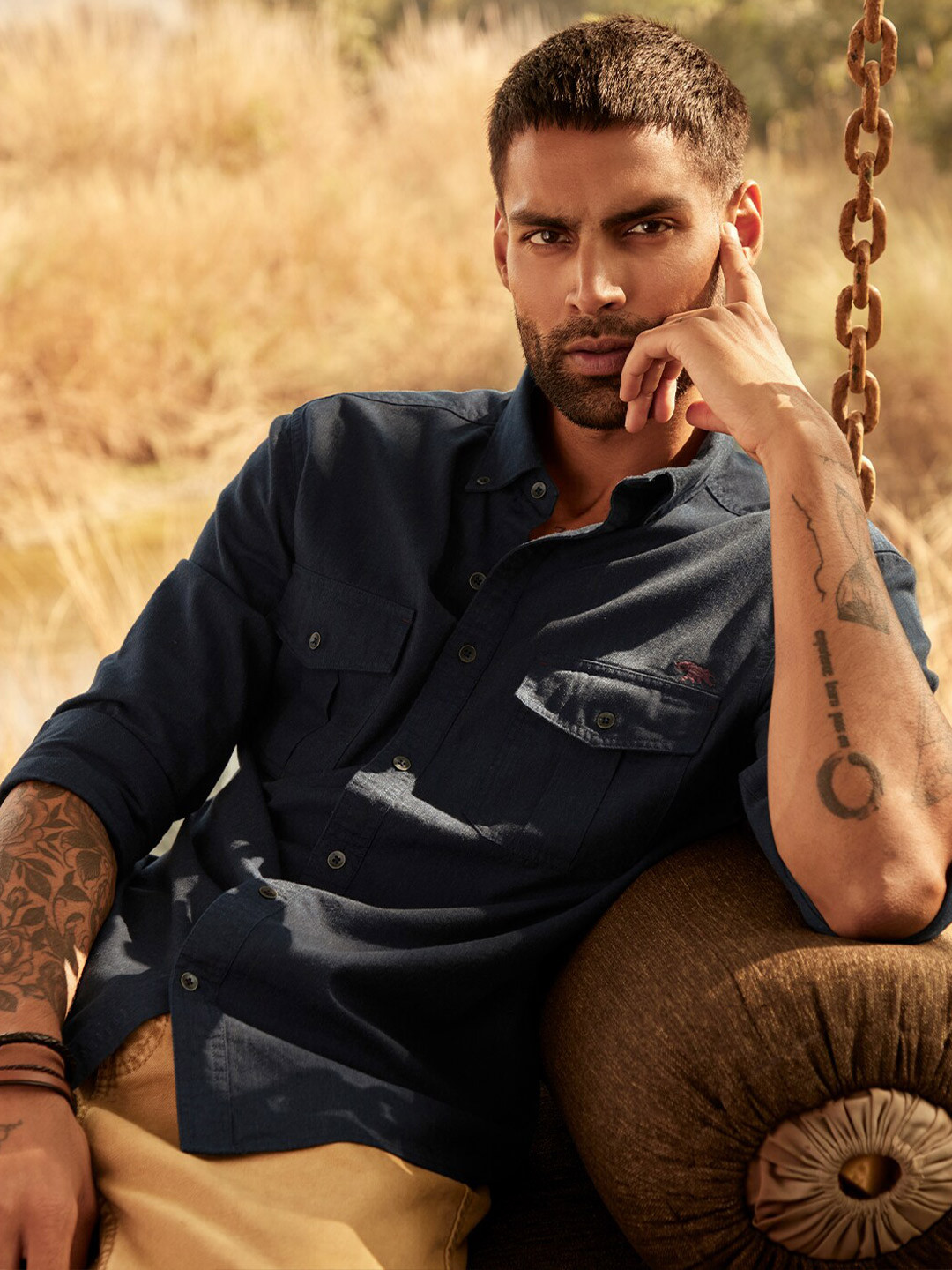 Andamen Indigo Slim Fit Melange Front Pockets Shirt