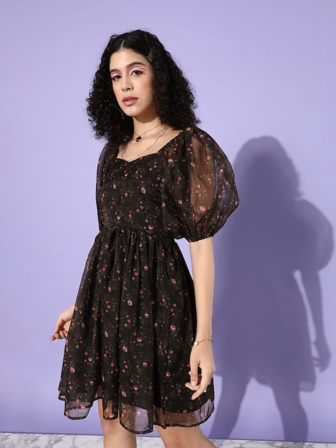 Sera Sweetheart Neck Puff Sleeves Floral Printed Flared Dress