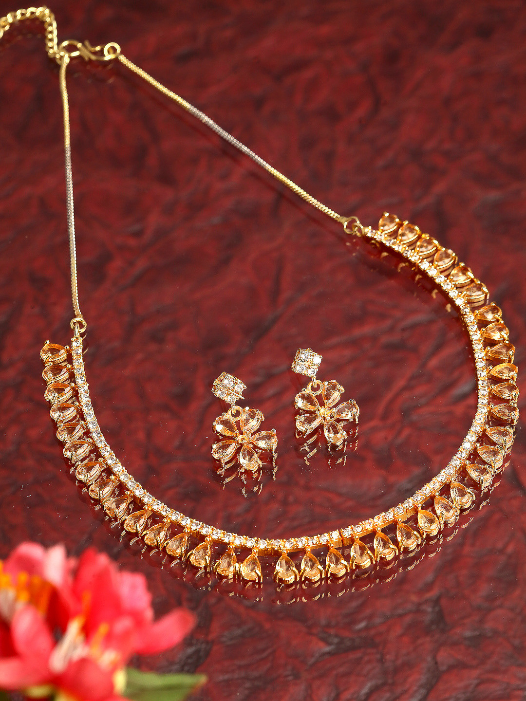 ZENEME Gold-Plated Floral Yellow American Diamond-Studded Necklace & Earring Jewellery Set