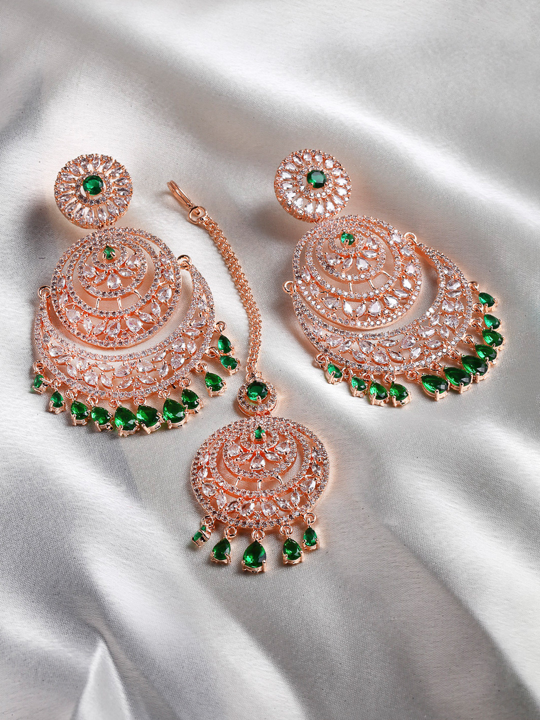 ZENEME Rose Gold-Plated & AD Studded Maang Tikka & Earrings Set