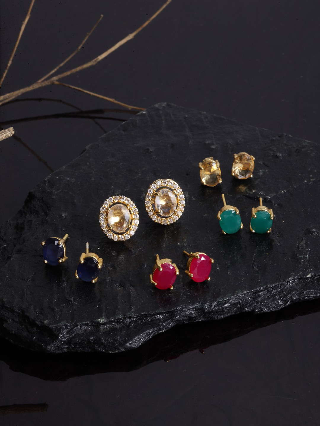 ZENEME Gold Plated Set of 5 Interchangeable CZ stone Studded Oval Studs Earrings