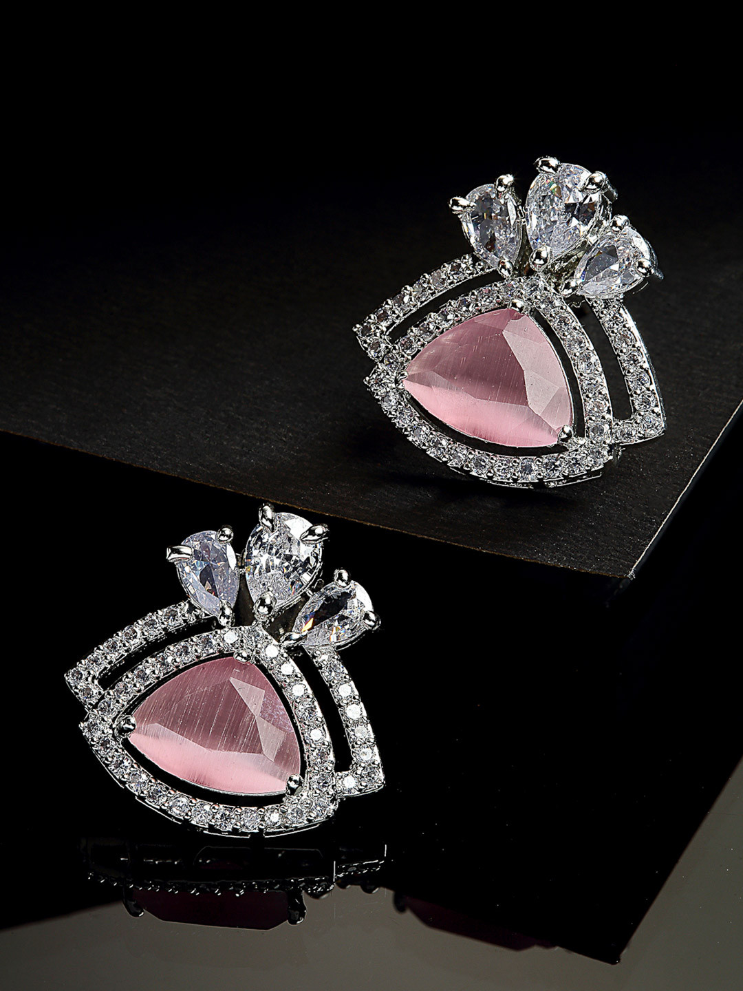 ZENEME Pink Triangular American Diamond Studded Studs Earrings