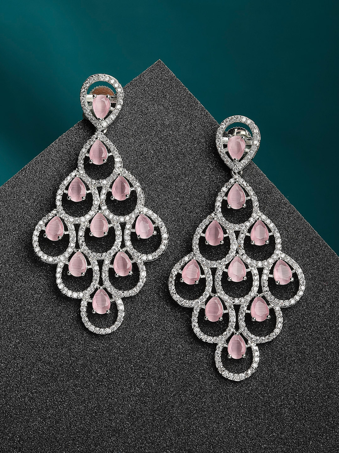 ZENEME Rhodium Plated Pink American Diamond Studded Earrings