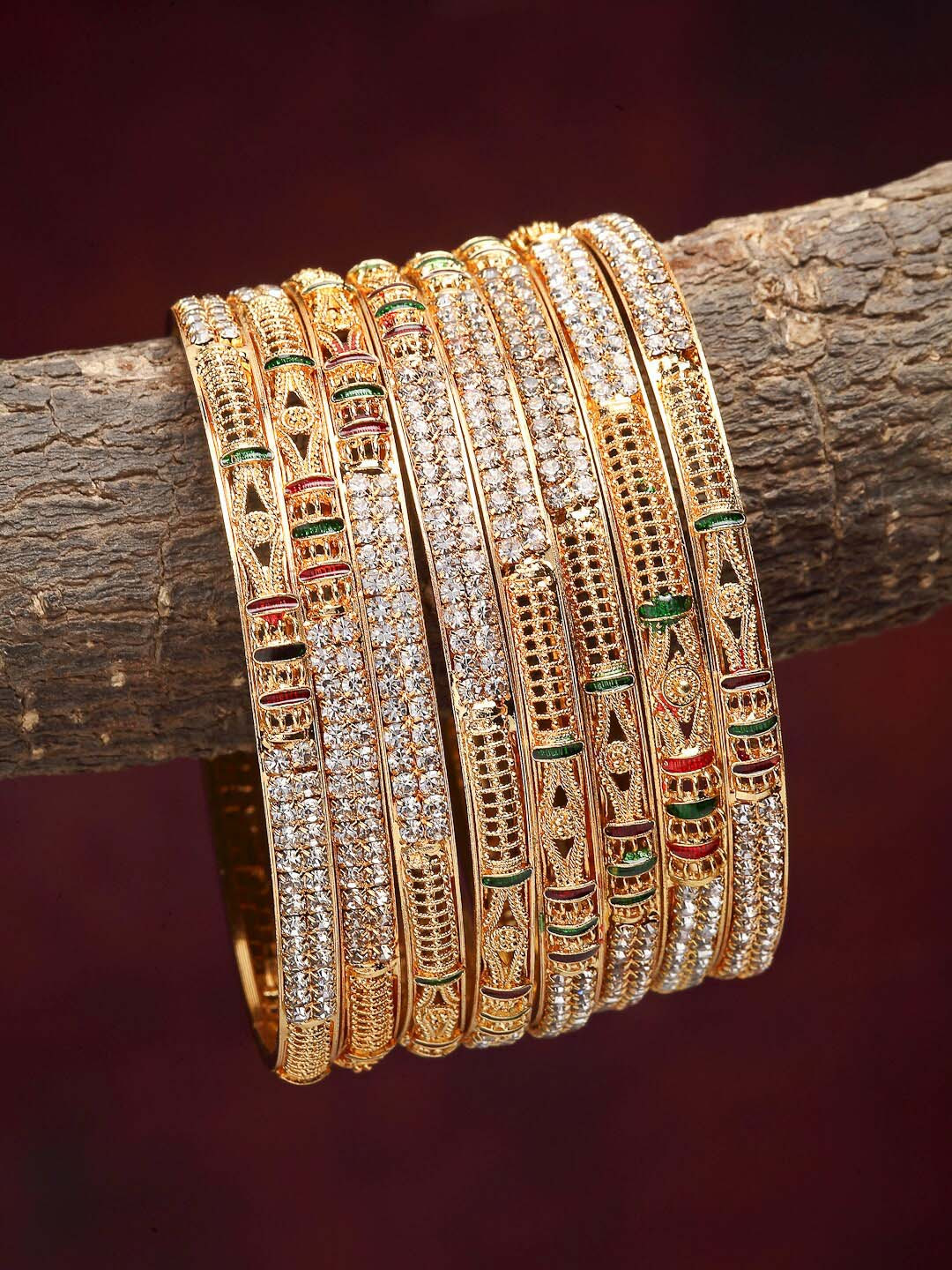 ZENEME Set Of 8Gold Plated Traditional CZ Studded Traditional Bangle