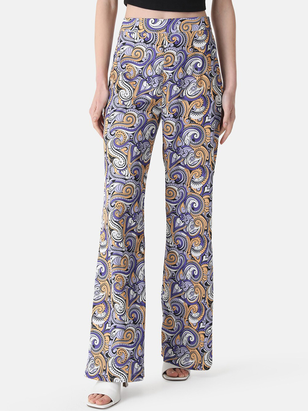 Kazo Women Purple Printed High-Rise Flared Parallel Trousers