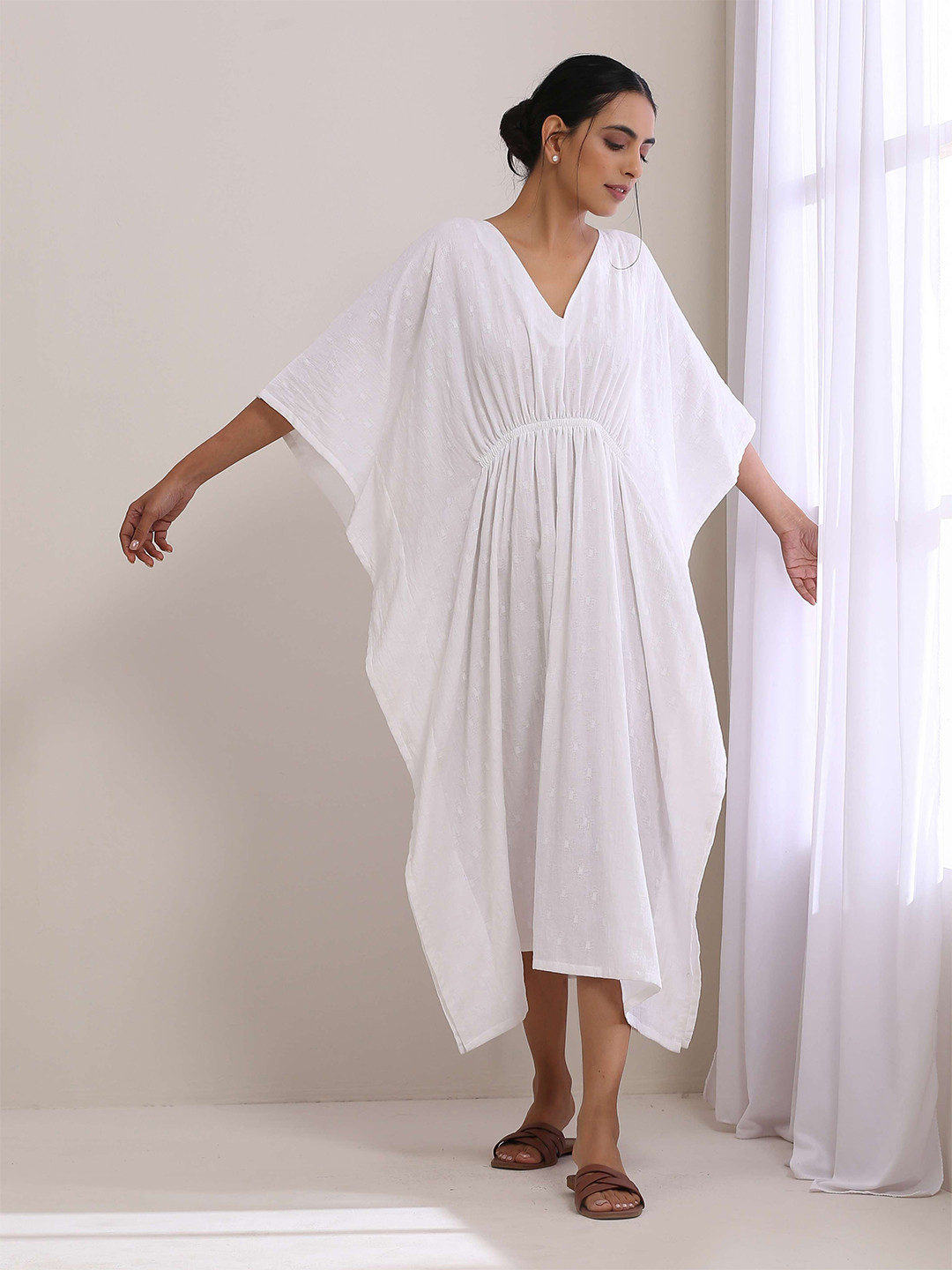 trueBrowns Self Design Gathered Cotton Kaftan Midi Dress