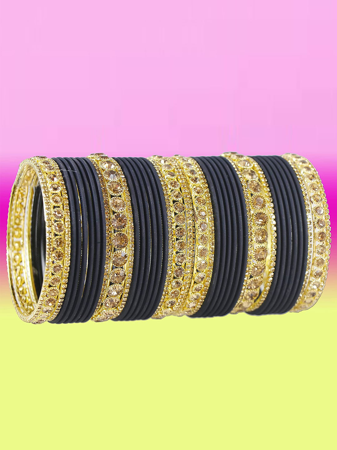 NMII Set Of 42 Gold-Plated Zircon Gemstone-Studded Bangles