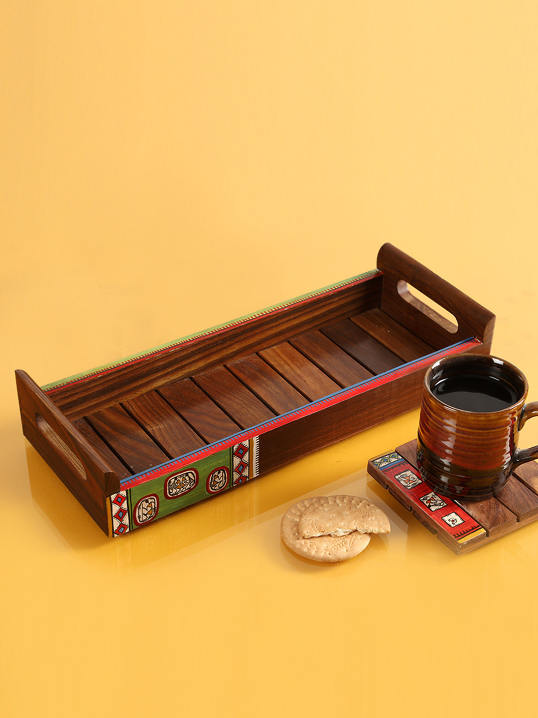 ExclusiveLane Brown Warli Hand-Painted Wooden Tray