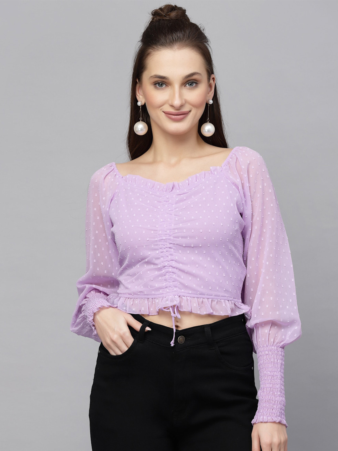 aayu Self Design V Neck Puff Sleeve Crop Top