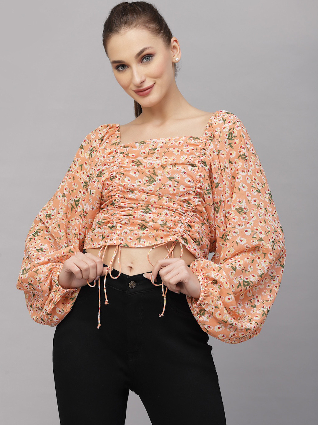 aayu Floral Print Ruched Georgette Crop Top