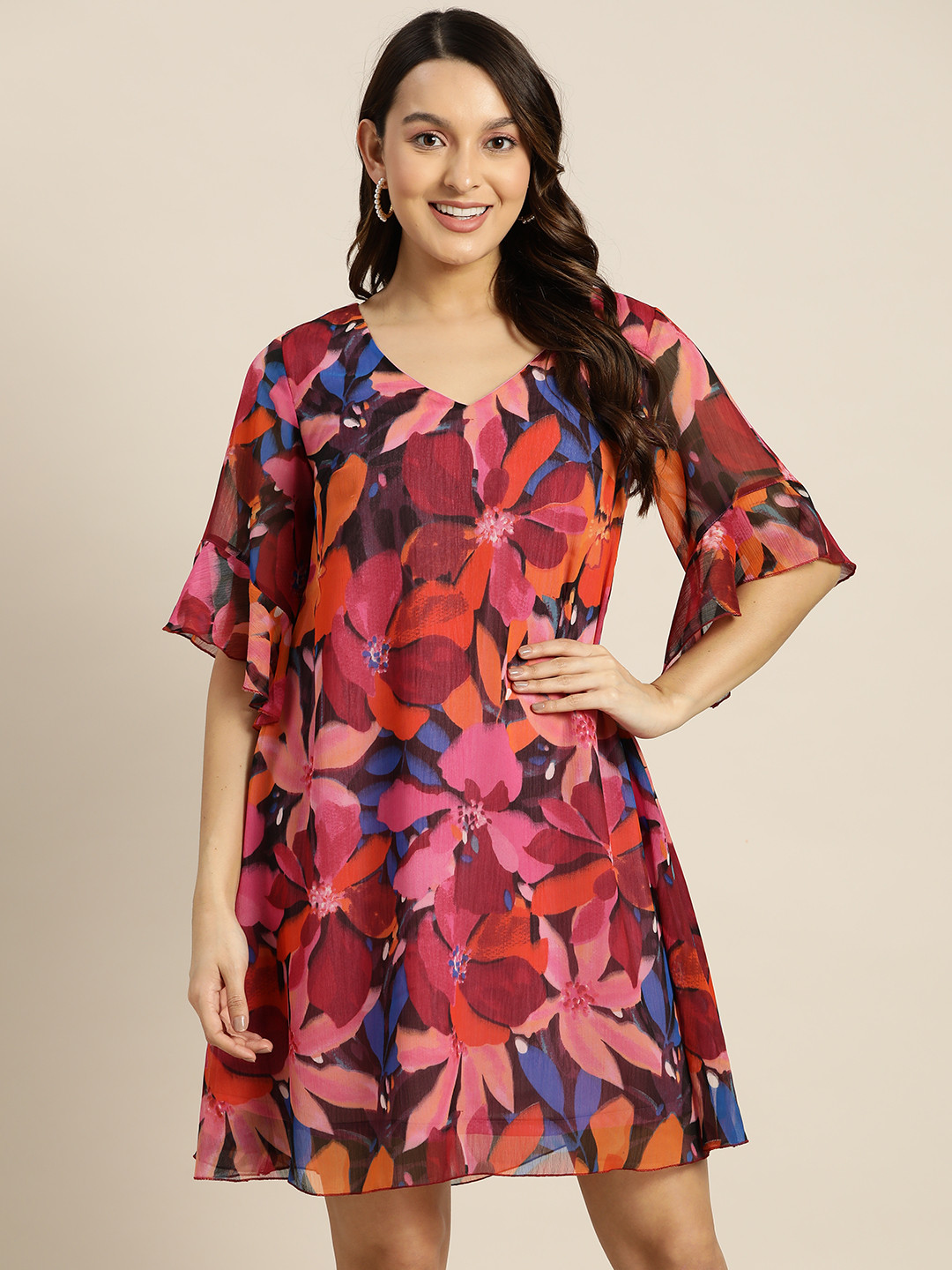 Qurvii Floral Chiffon Bell Sleeves A-Line Dress