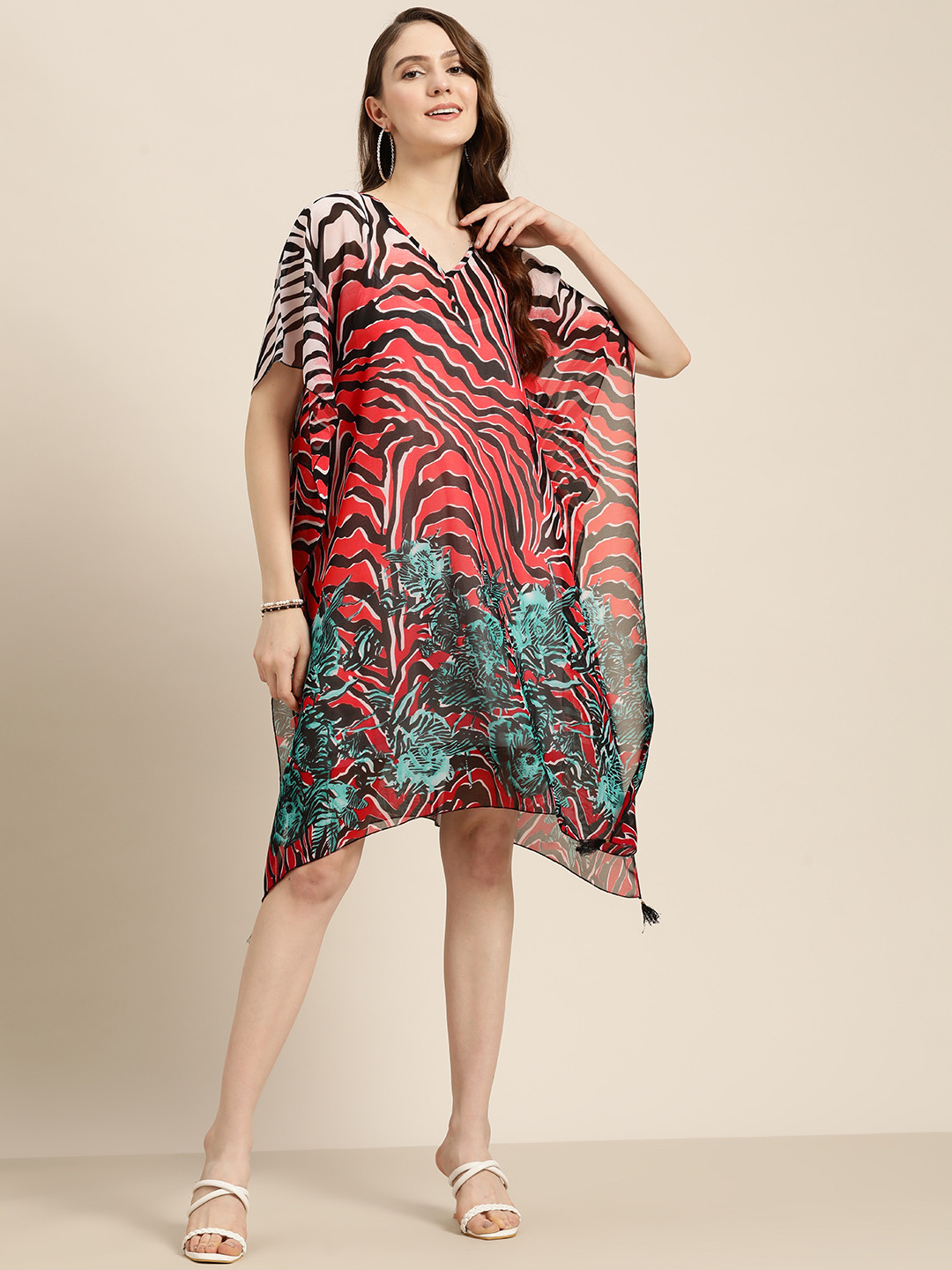 Qurvii Animal Print Georgette Kaftan Dress