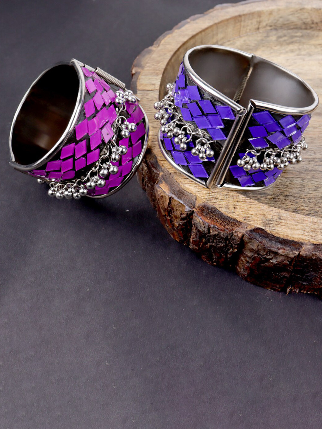 Krelin Women Pack of 2 Pink & Purple Sterling Silver Silver-Plated Cuff Bracelet