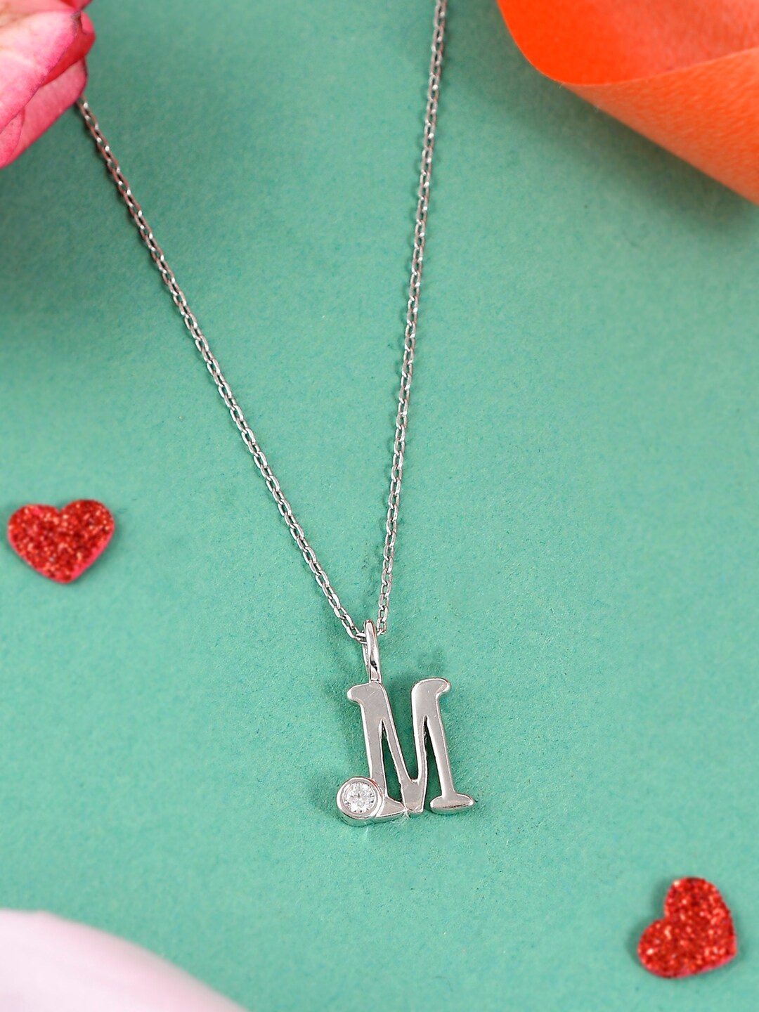 Studio Voylla 925 Sterling Silver CZ Rhodium-Plated Studded Alphabet M Pendant with Chain