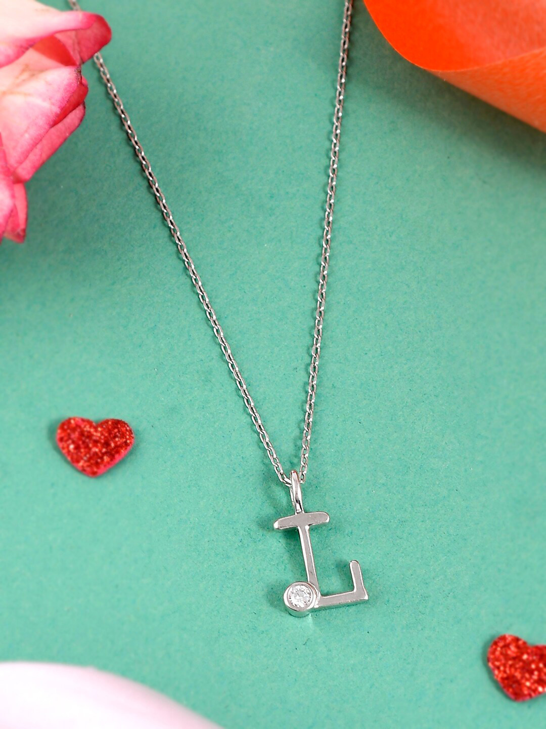 Studio Voylla Sterling Silver Rhodium-Plated CZ-Studded & Alphabet- L Pendant & Chain