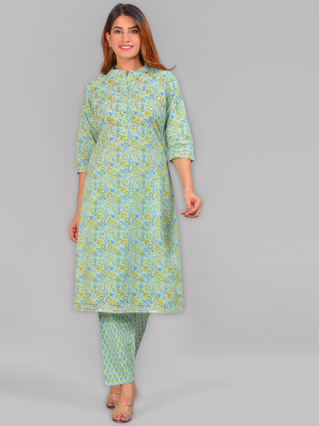 YASH GALLERY Floral Printed Thread Work Pure Cotton Kurta with Trousers & Dupatta