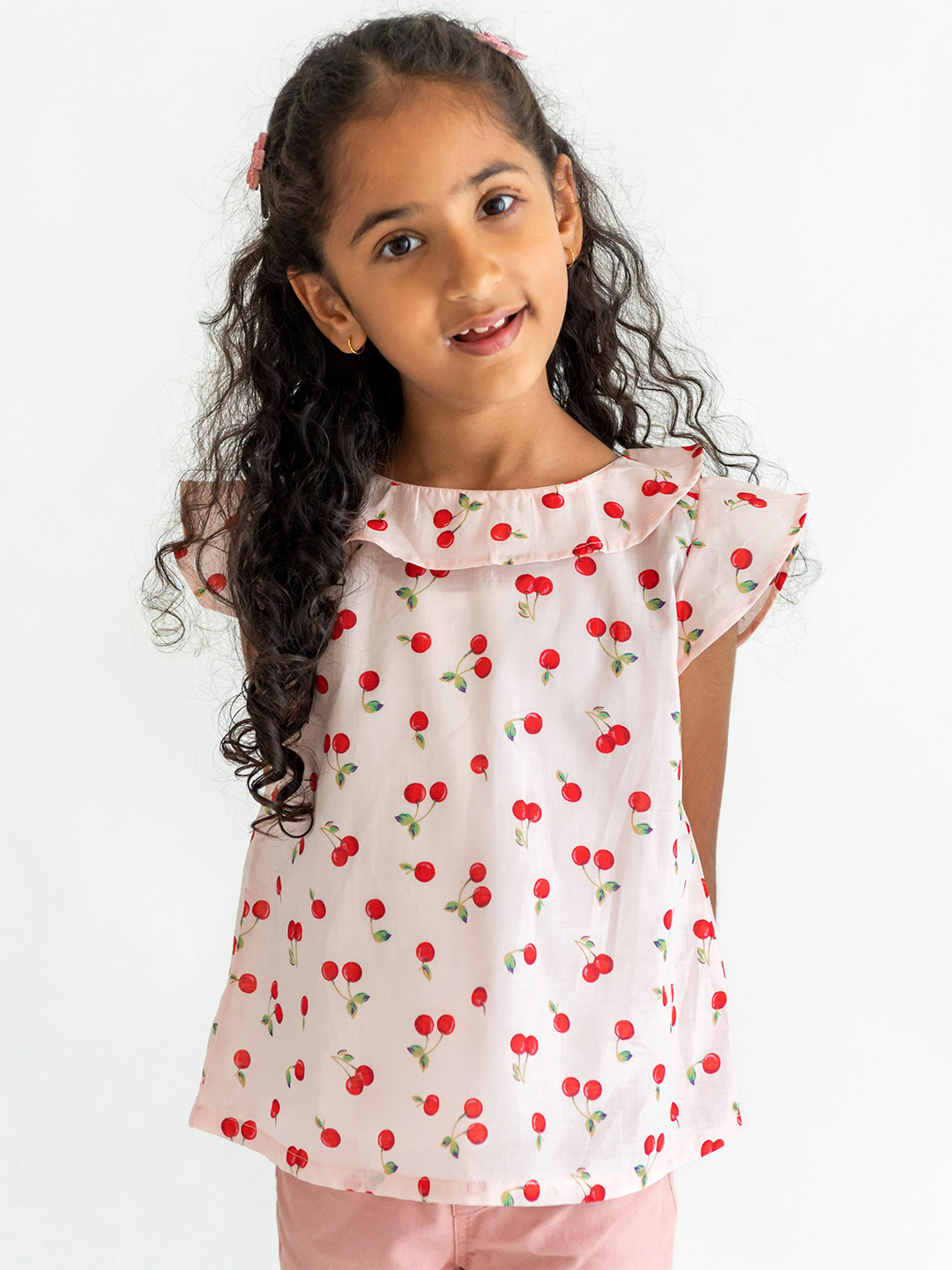 Campana Girls Conversational Printed Flutter Sleeves Ruffle Top