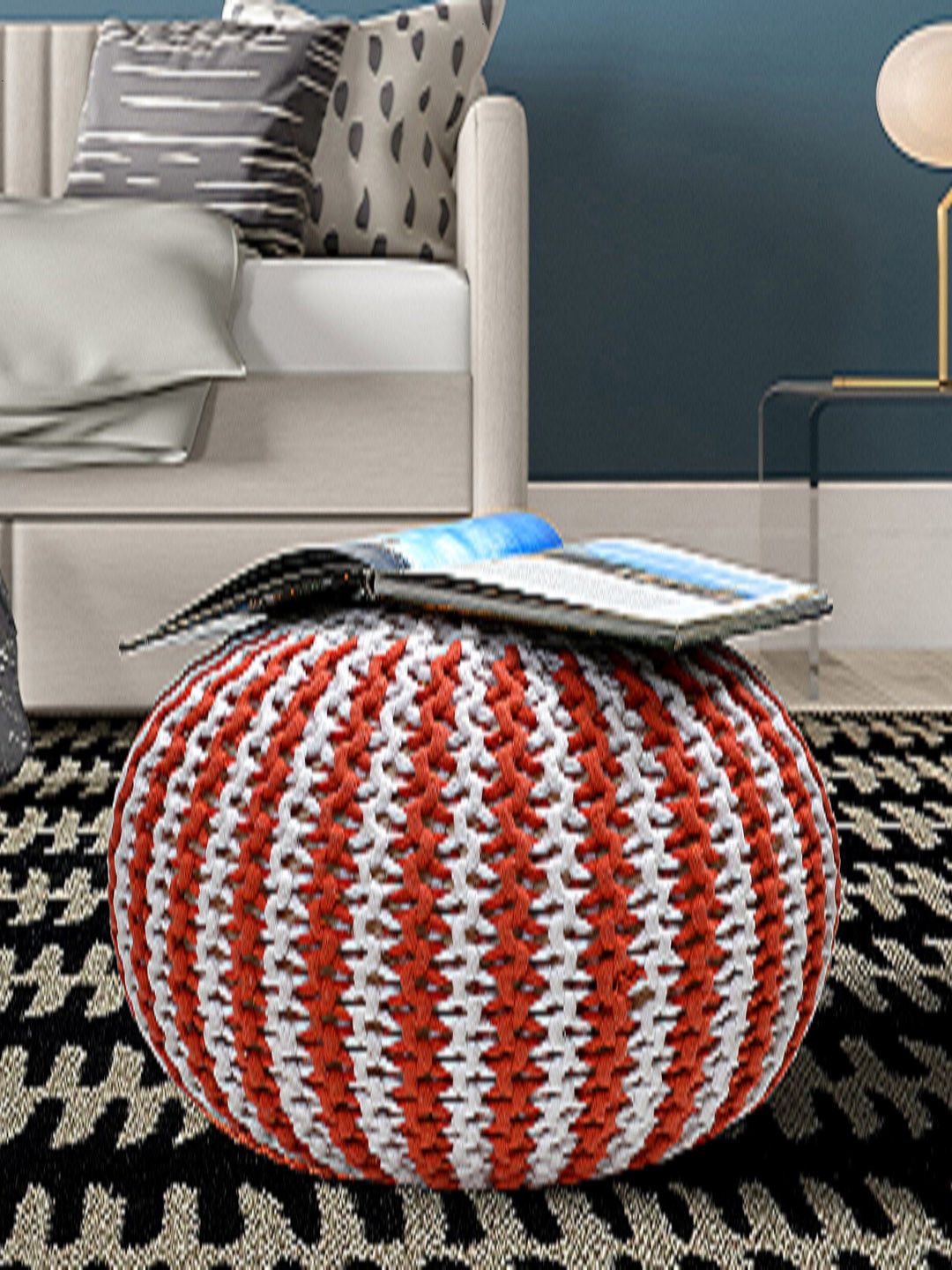 RIANCE CREATIONS Orange-colored & White Knitted Cotton & Bamboo Ottoman