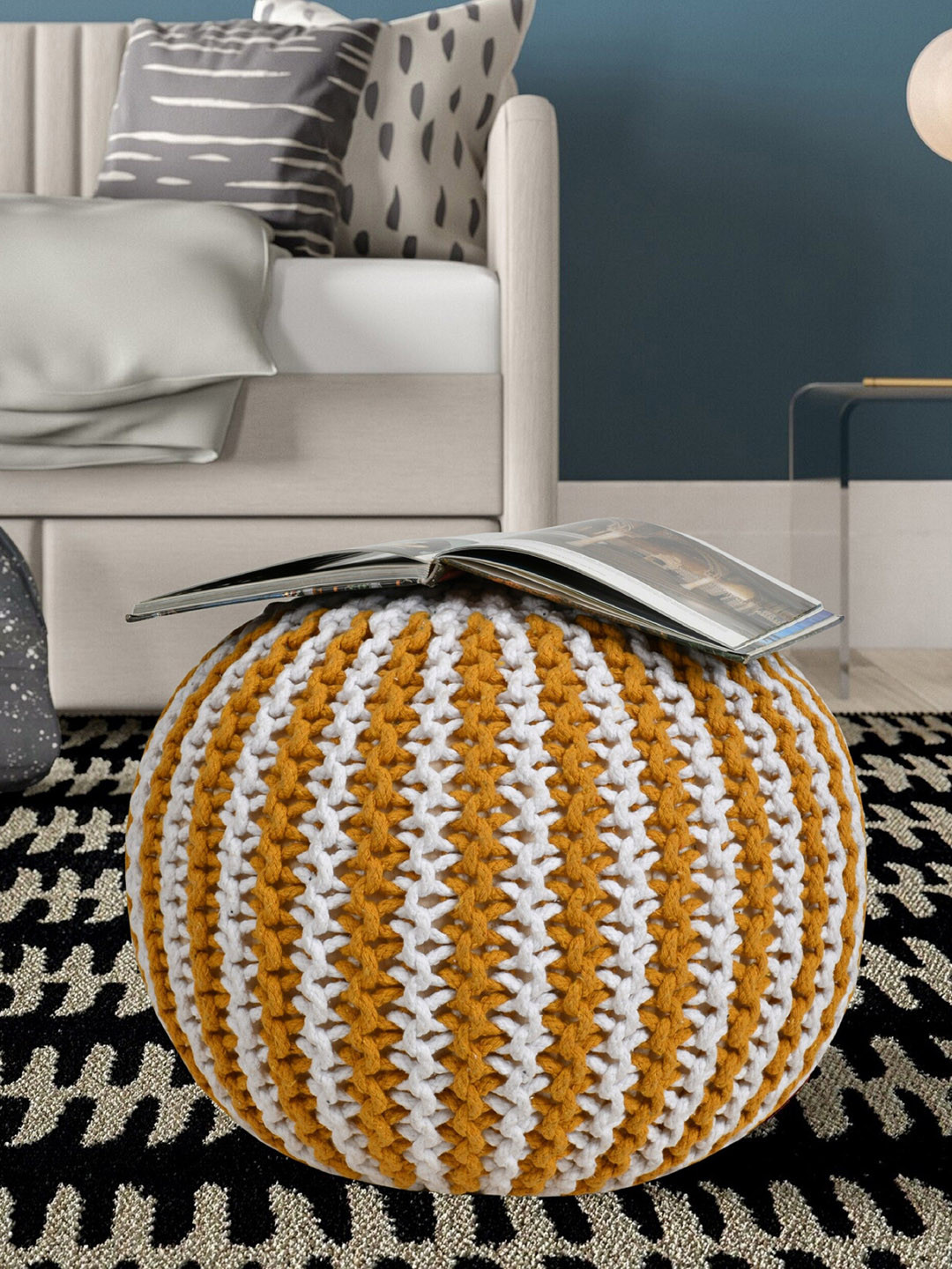 RIANCE CREATIONS Yellow & White Woven Design Knitted Round Shaped Ottoman