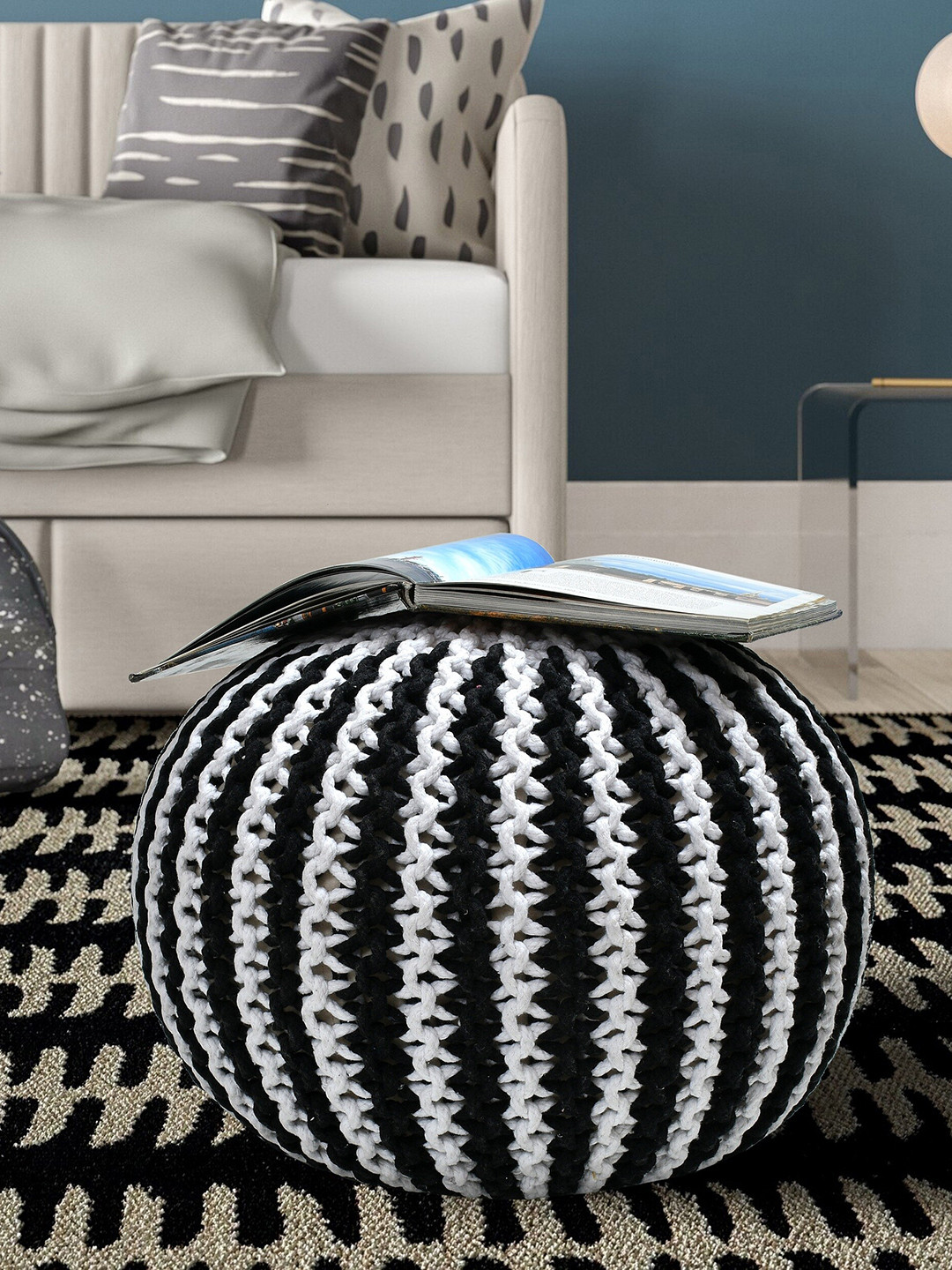 RIANCE CREATIONS Black & White Knitted Cotton Ottoman