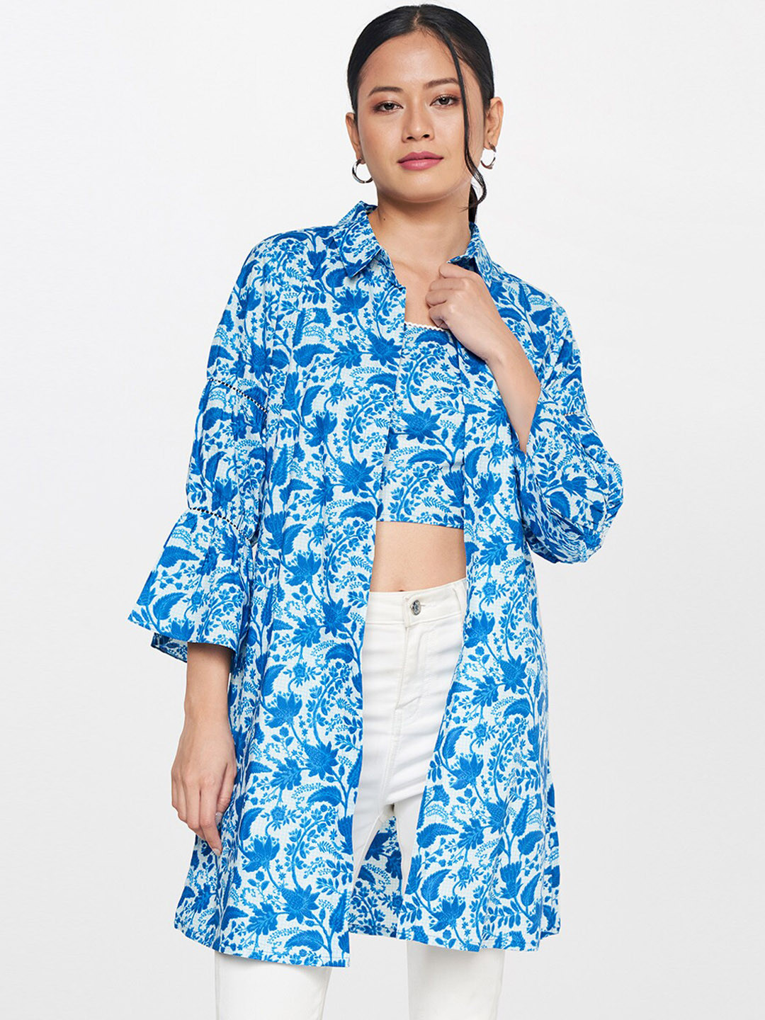 Global Desi Women Open Front Pure Cotton Longline Shrug