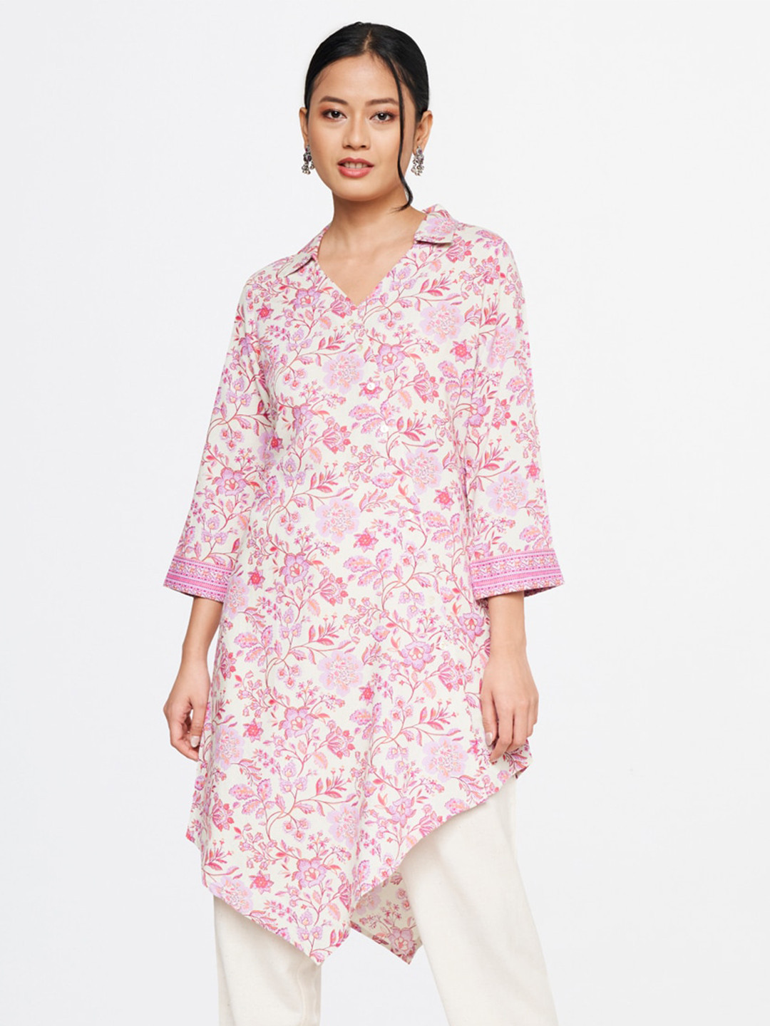 Global Desi Shirt Collar Floral Printed Tunic