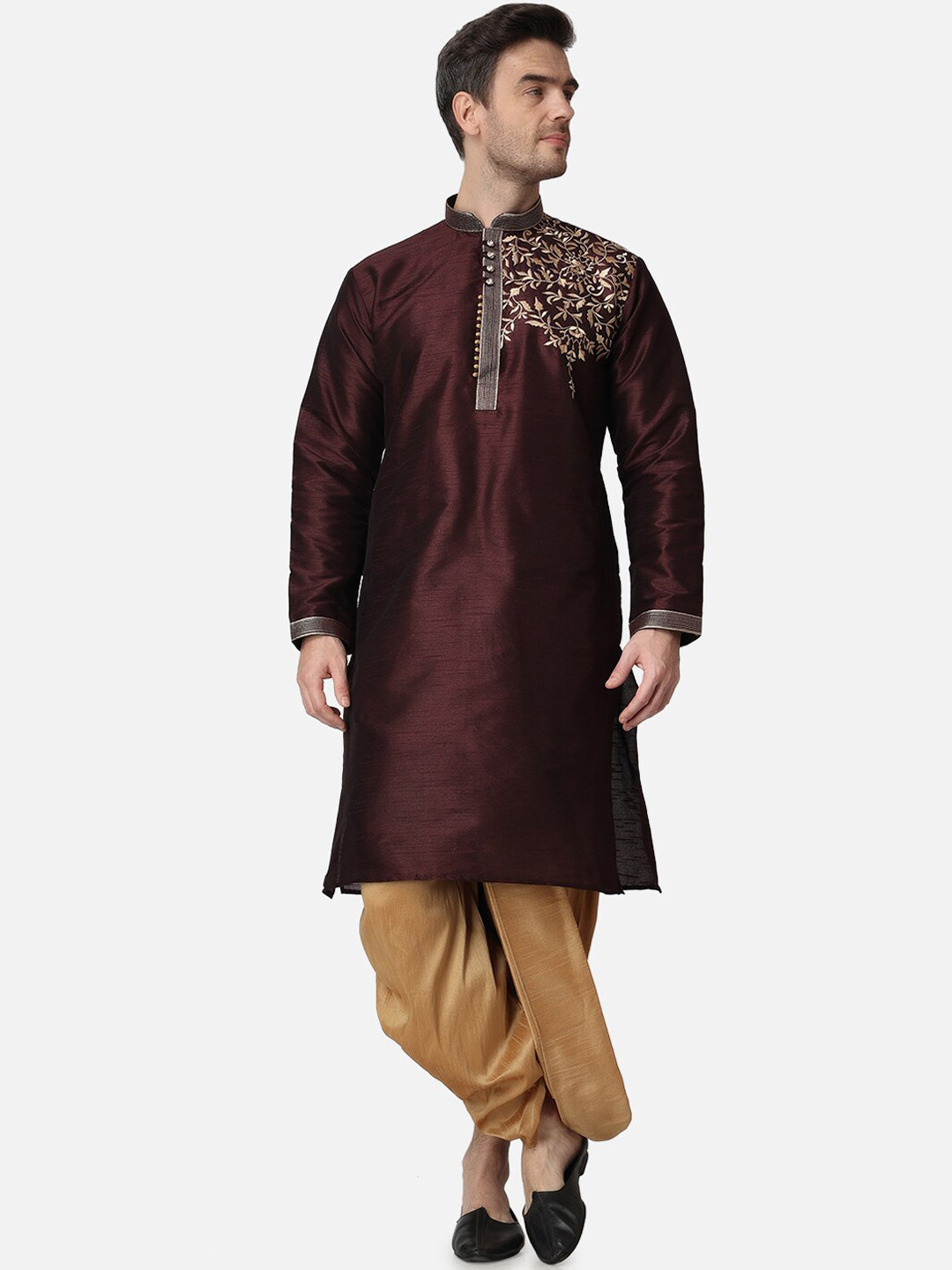 ROYAL KURTA Embroidered Mandarin Collar Thread Work Dupion Silk Kurta with Dhoti Pants