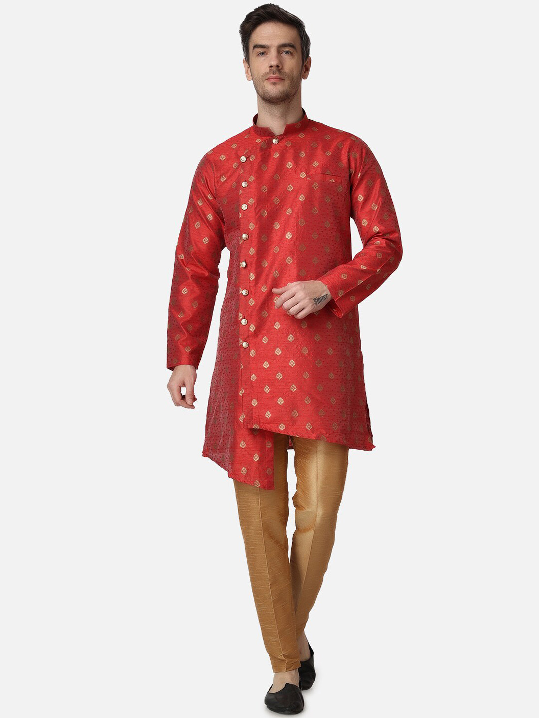 ROYAL KURTA Ethnic Motif Printed Mandarin Collar Silk Asymmetric Kurti with Trousers