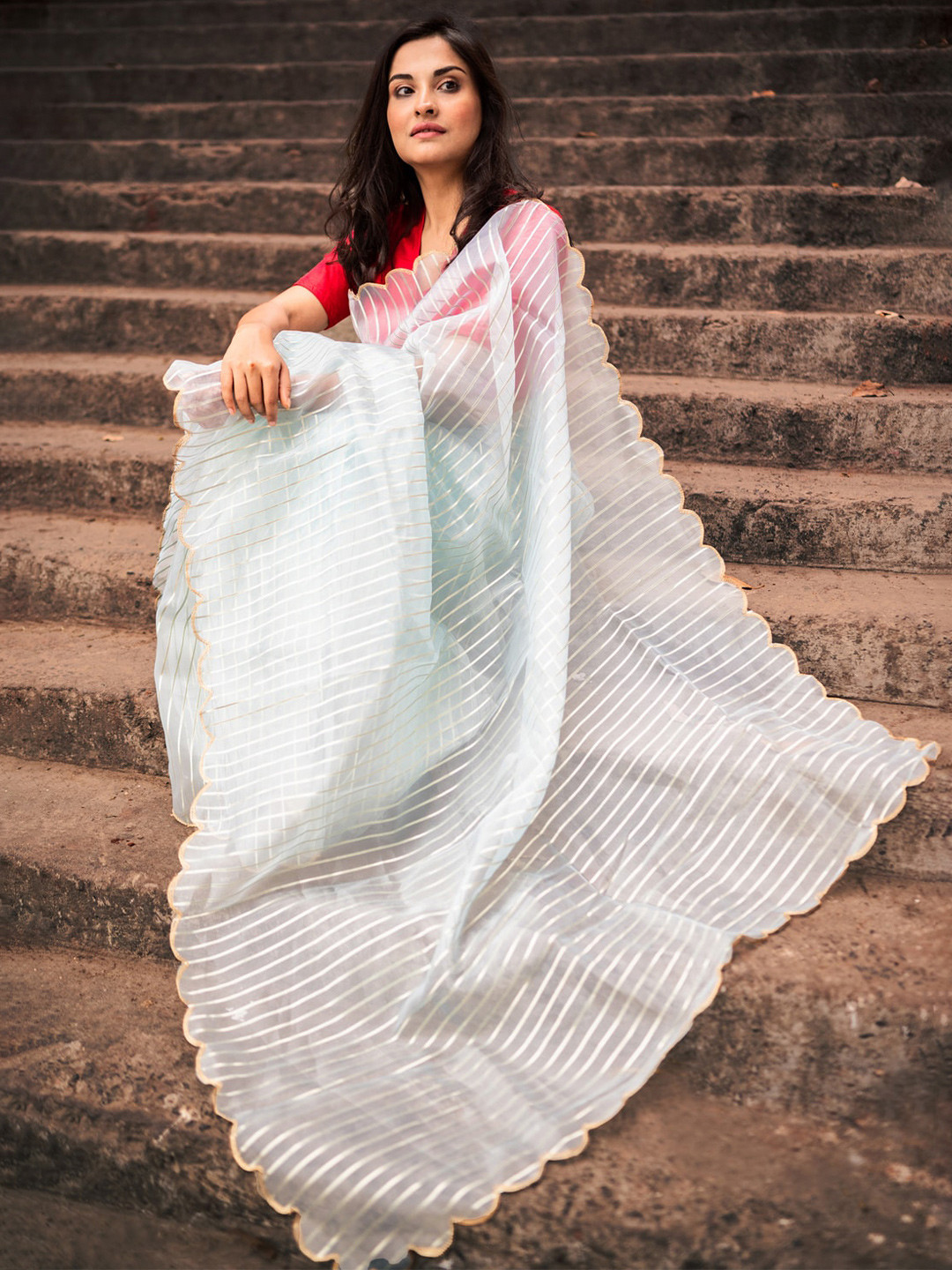Apaapi Threads of glory Striped Zari Organza Saree