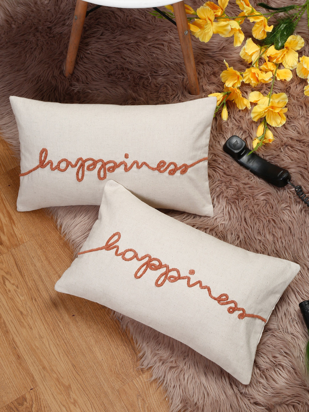 eyda Valentine White & Brown 2 Pieces Embroidered Cotton Cushion Covers