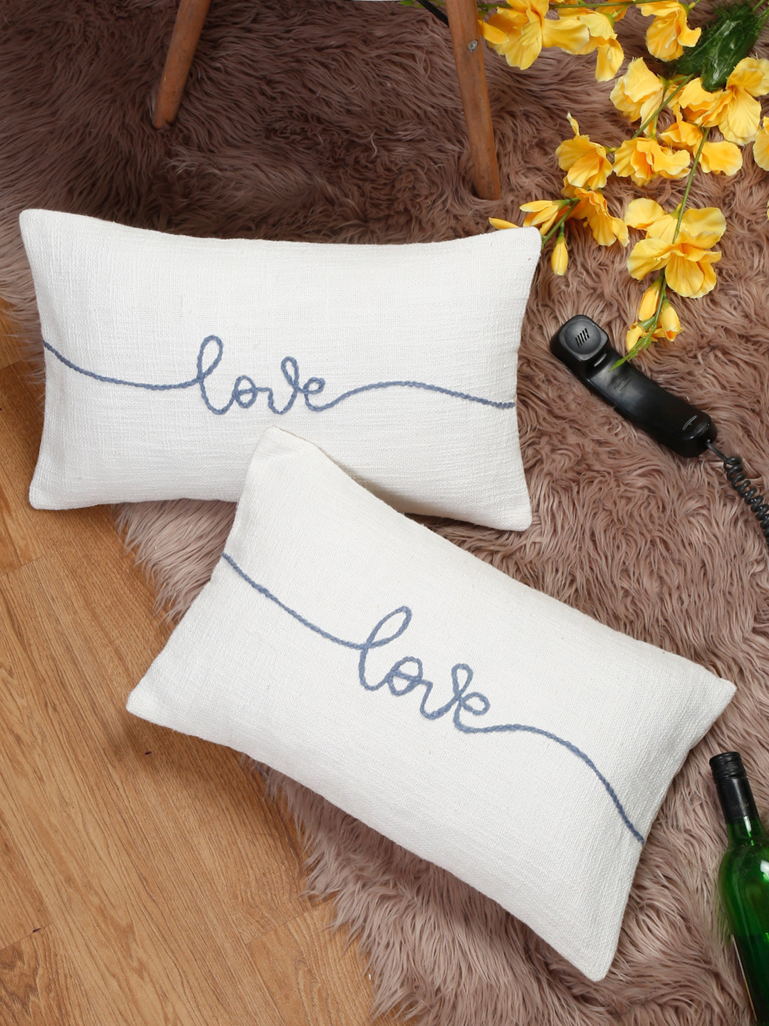 eyda Valentine White & Grey 2 Pieces Embroidered Cotton Rectangle Cushion Covers