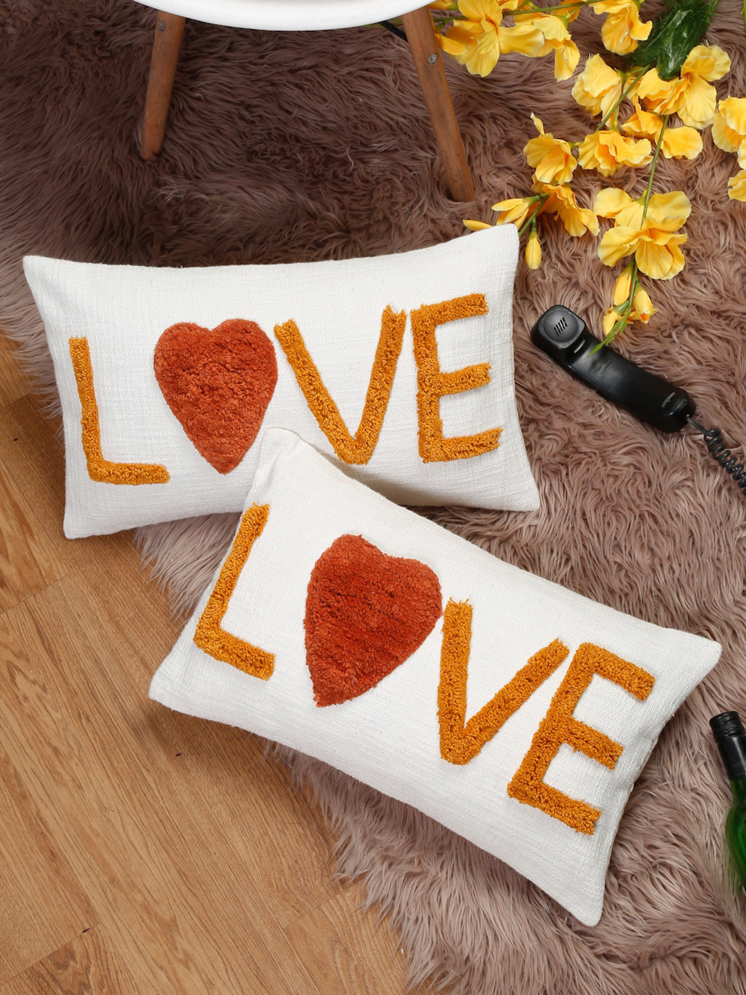 eyda Valentine White & Orange 2 Pieces Embroidered Pure Cotton Rectangle Cushion Covers