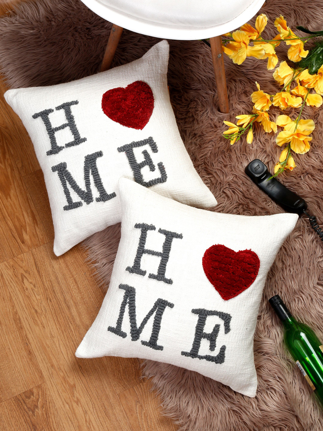 eyda Valentine White & Black 2 Pieces Embroidered Pure Cotton Square Cushion Covers