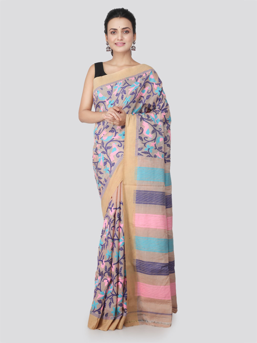 PinkLoom Floral Motif Jute Silk Jamdani Saree