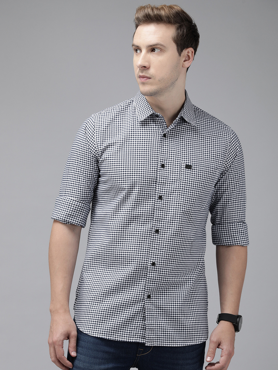 THE BEAR HOUSE Men Navy Blue Slim Fit Gingham Checks Checked Casual Shirt