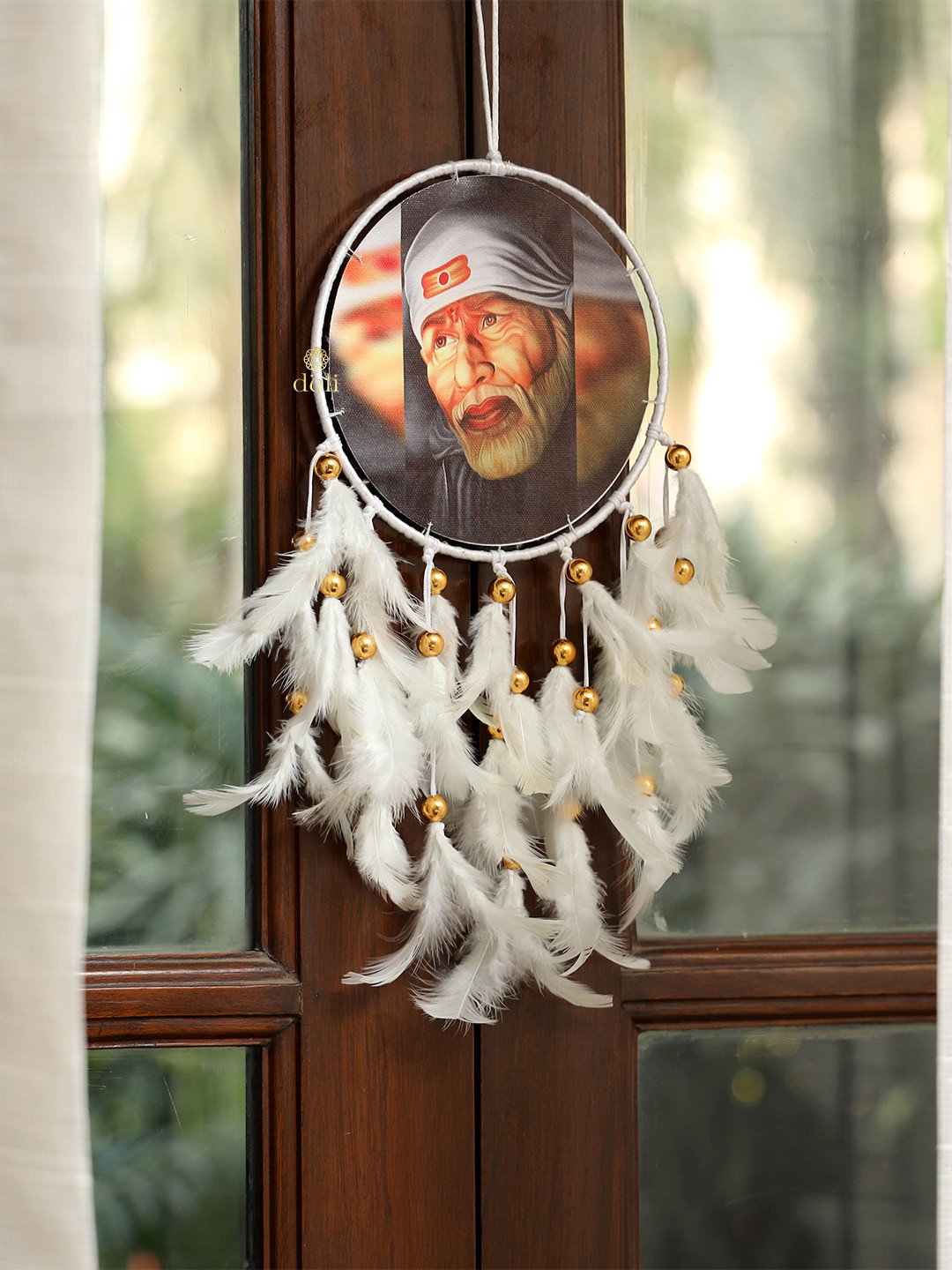 DULI White & Beige SaiBaba Printed Hanging Dream Catcher Windchimes