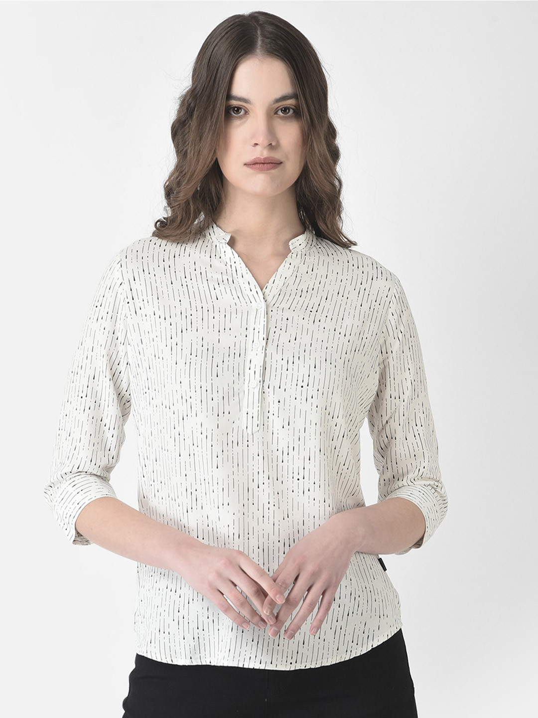 Crimsoune Club Vertical Striped Mandarin Collar Shirt Style Top