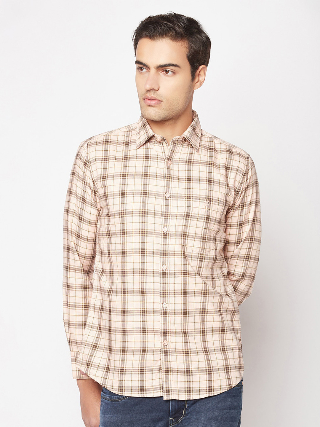 Crimsoune Club Men Peach-Coloured Slim Fit Tartan Checks Checked Casual Shirt