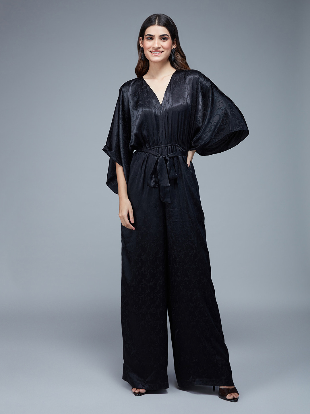 20Dresses Sparkling Soiree V-Neck Wide Leg Satin Jacquard Basic Jumpsuit