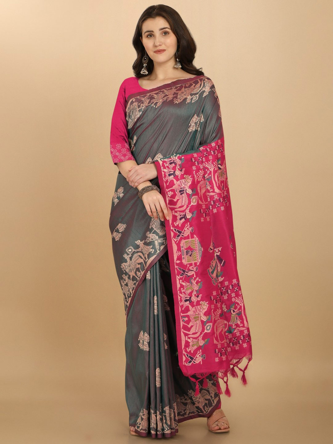 VISHNU WEAVES Woven Design Ethnic Motifs Zari Bhagalpuri Saree
