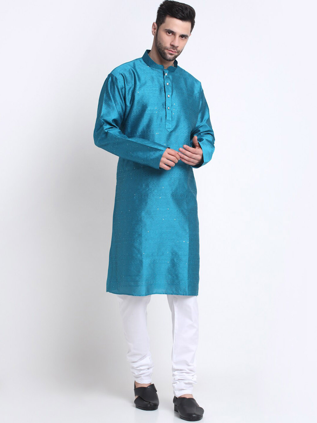 KRAFT INDIA Woven Design Sequinned Mandarin Collar Kurta With Churidar