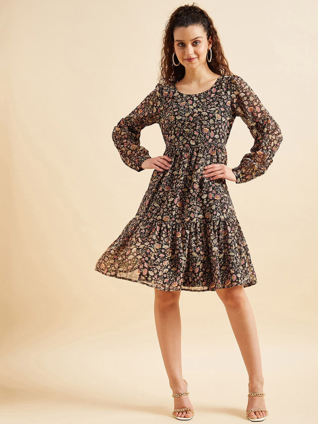 PANIT Puffed Sleeves Floral Printed Tiered Fit & Flare Georgette Dress