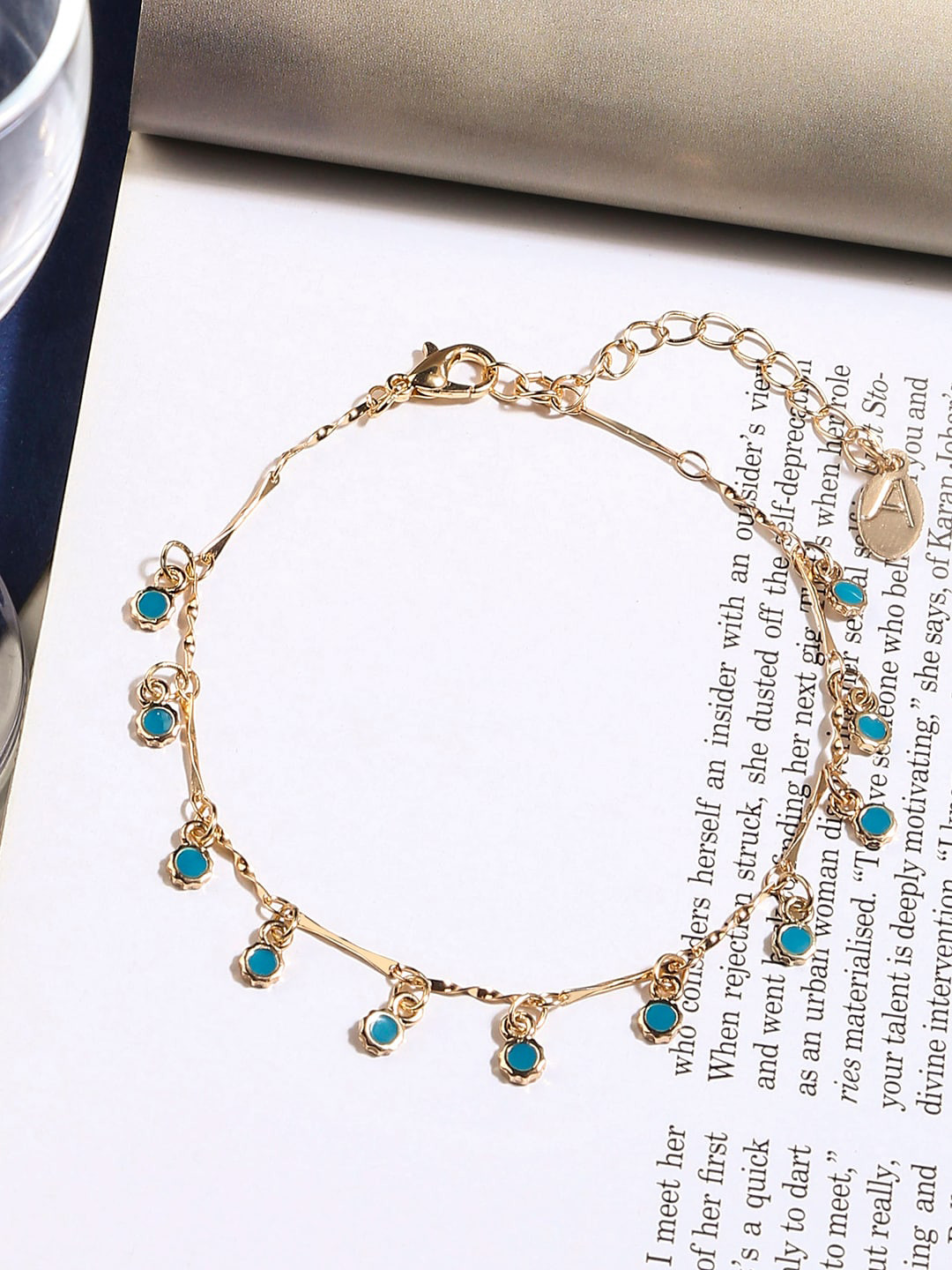 Accessorize Gold-Toned & Blue Crystals Charm Drop Anklet