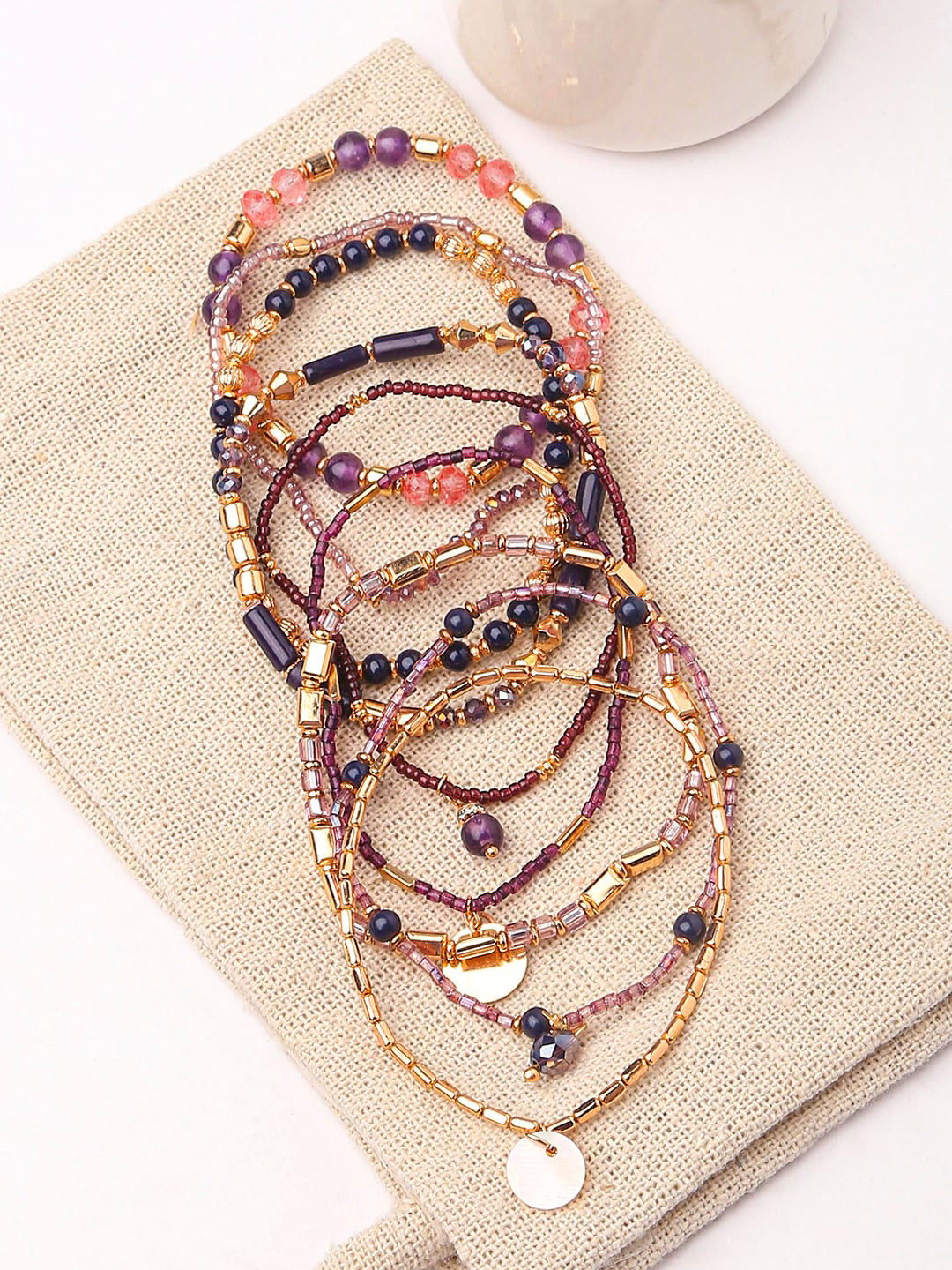 Accessorize Pack Of 9 Gold-Toned Crystals Amber Stretch Bracelets