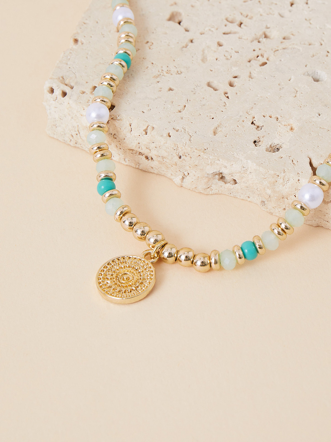 Accessorize London Women Gold-Toned & Green Bead Pearl & Coin Anklet