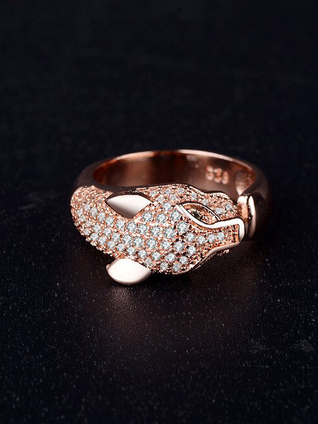 Fashion Frill Rose Gold-Plated CZ Studded Leopard Finger Ring