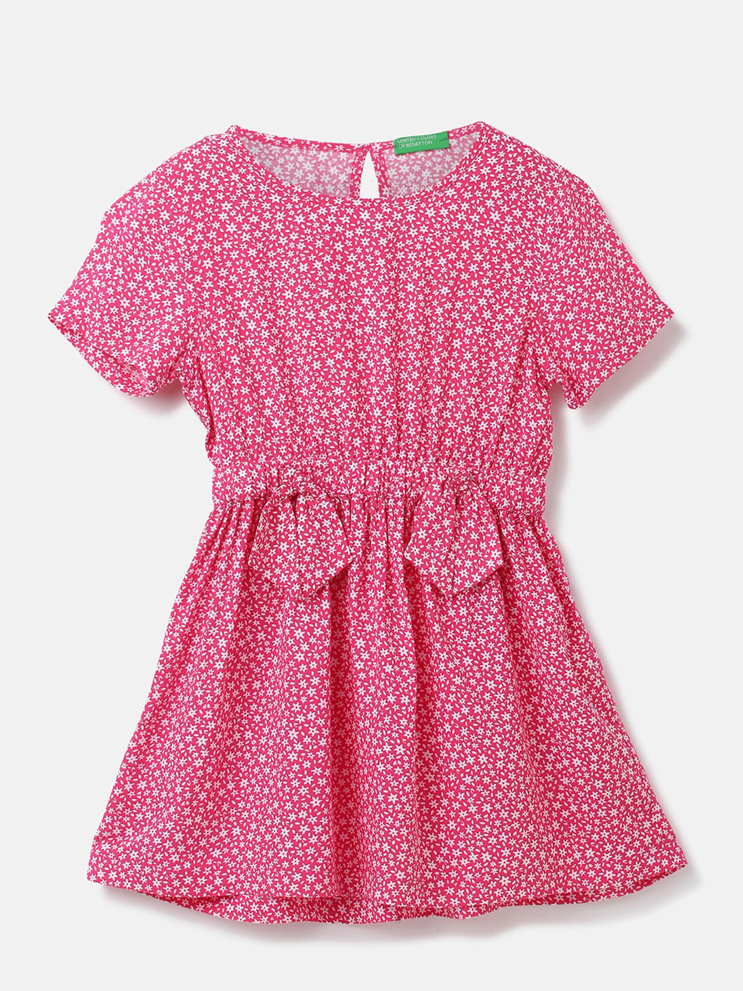 United Colors of Benetton Girls Floral Printed Gathered Bow Detail A-Line Dress