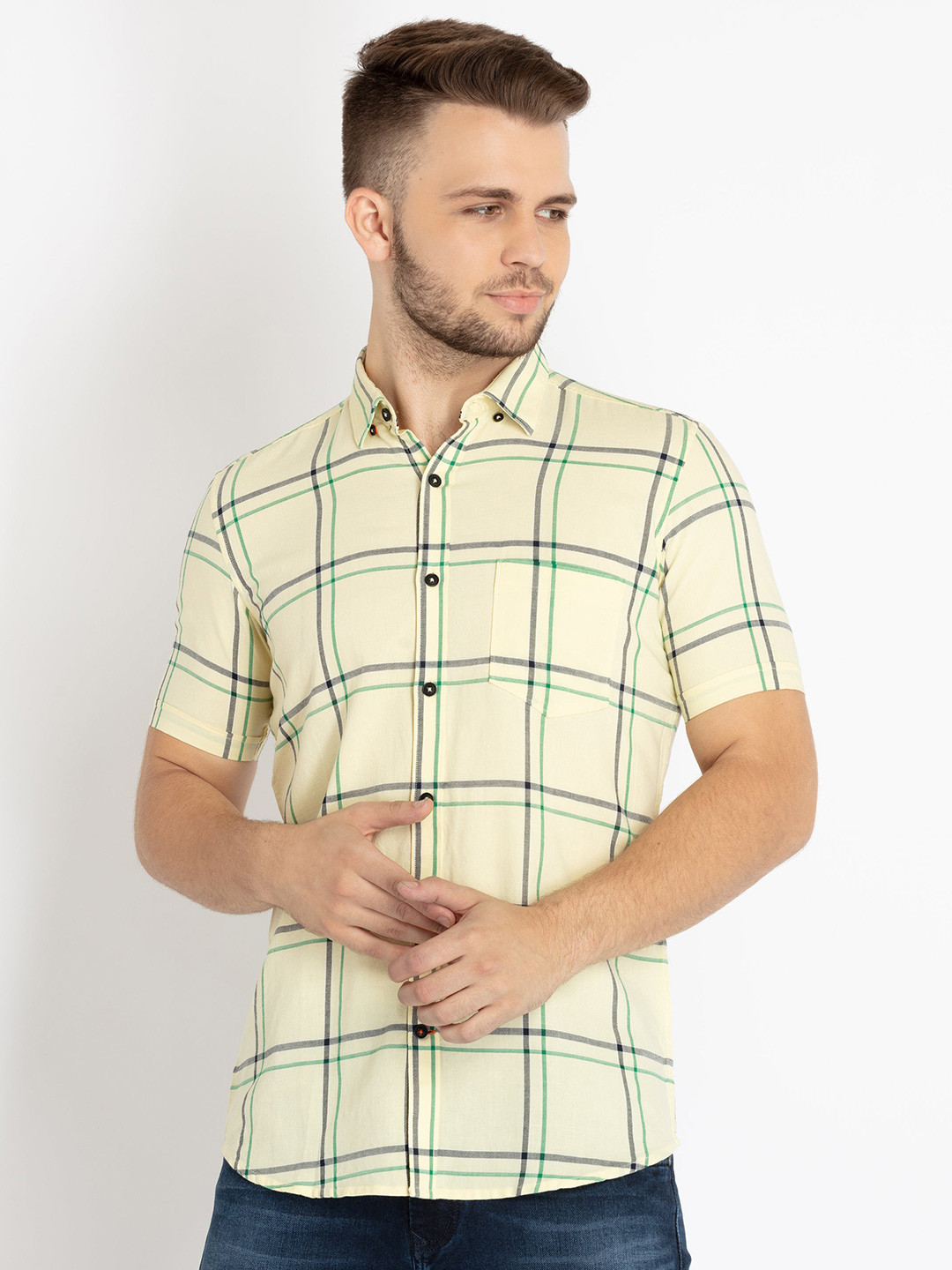 Yellow Windowpane Checked Casual Shirt