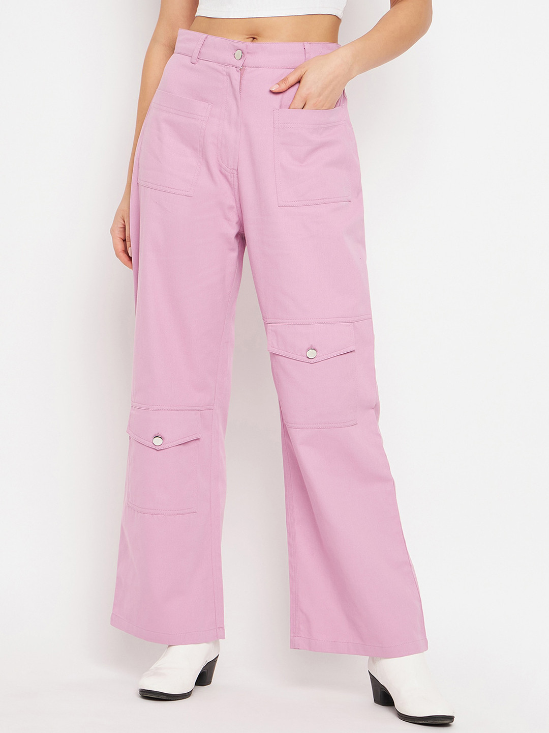 Orchid Blues Women Flared High-Rise Easy Wash Pure Cotton Cargo Style Trousers