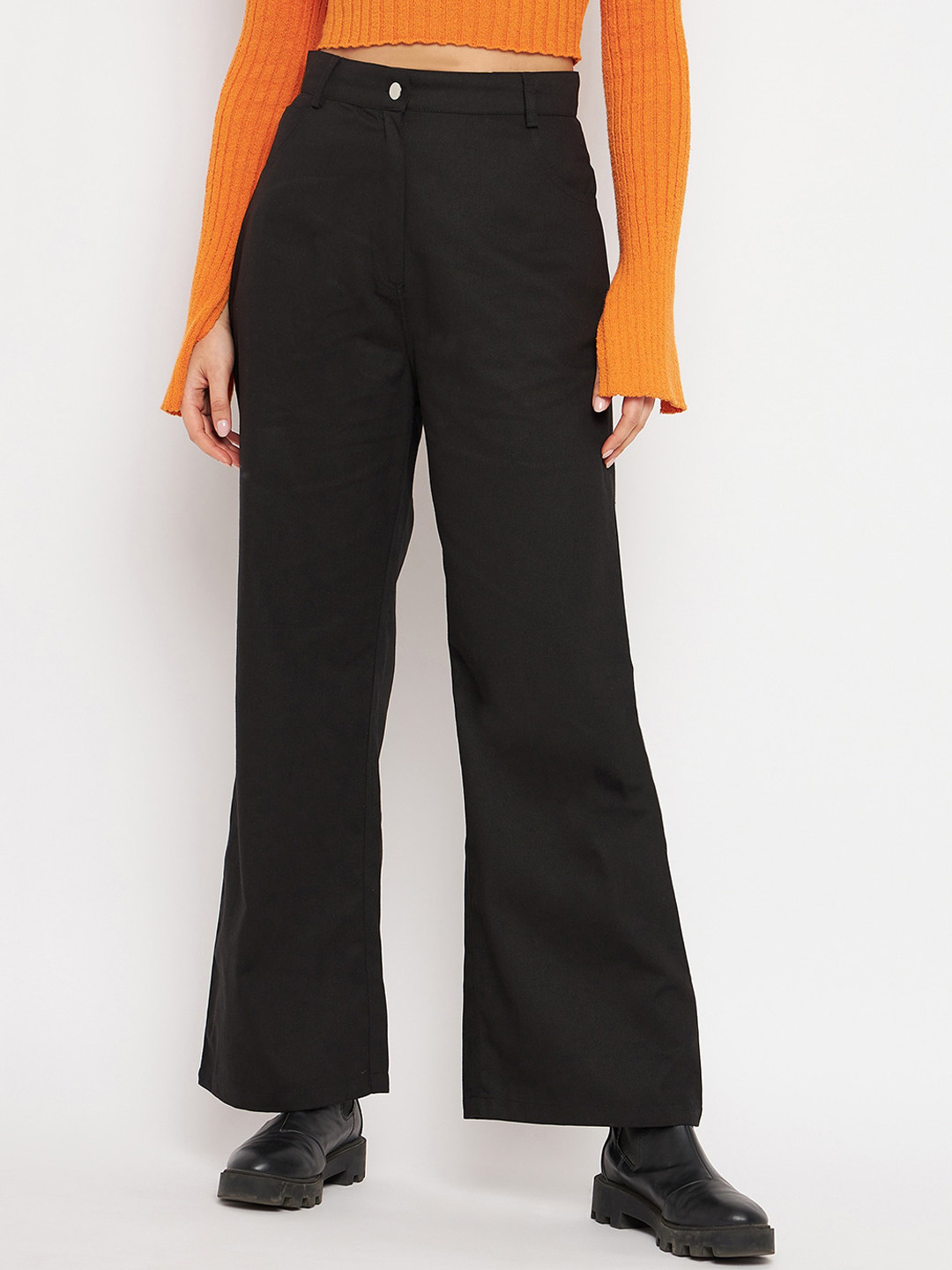 Orchid Blues Women Flared High-Rise Easy Wash Pure Cotton Cargo Style Trousers